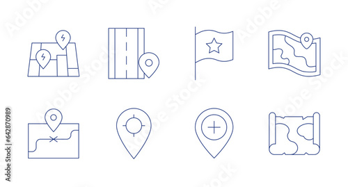 Map icons. editable stroke. Containing flag, hospital, map, map placeholder, road, tracking.
