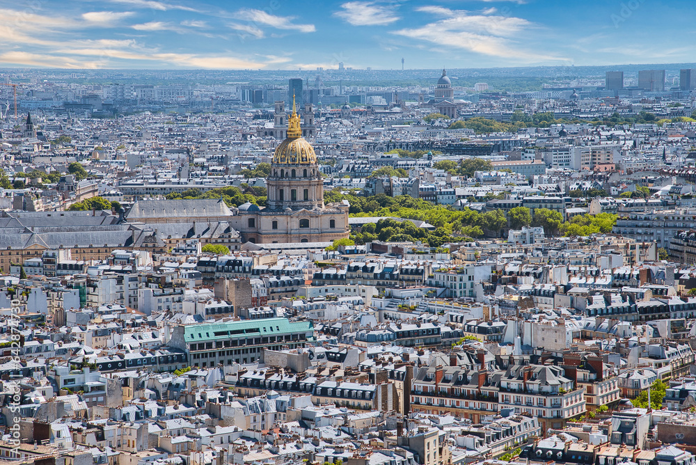 Aerial view from Eiffel tower, Invalides and other monuments looking to the East, Paris, France