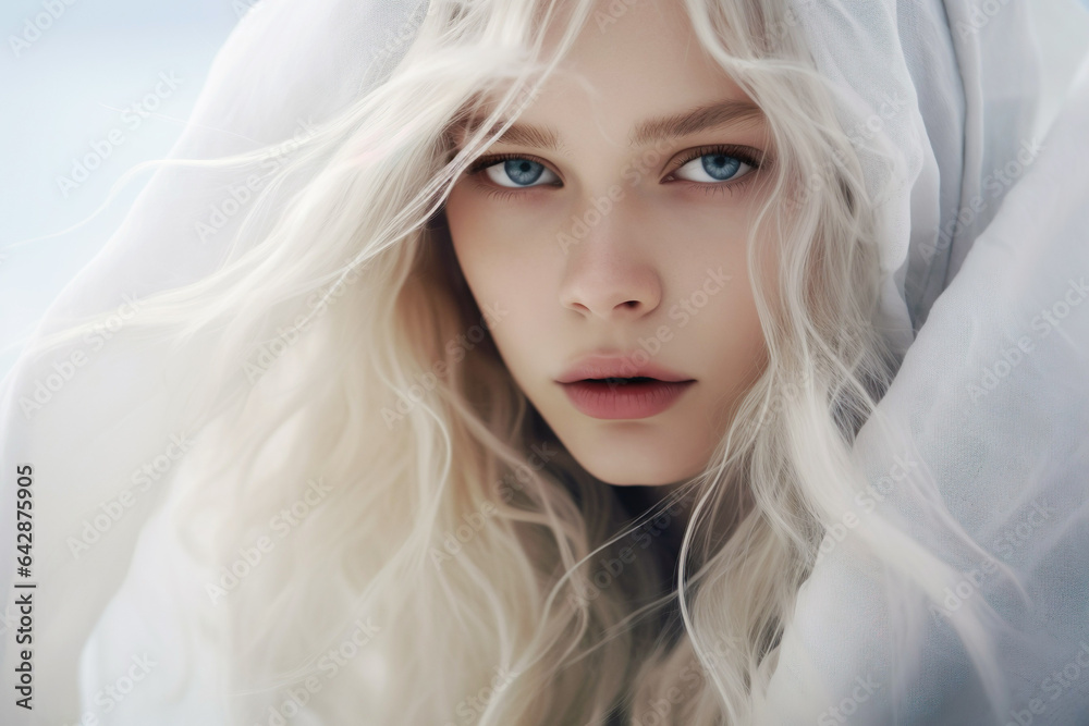 Blonde woman in winter fashion. She wears an organza cape, creating a fantasy and moody atmosphere. The image reflects a unique and artistic sense of elegance.