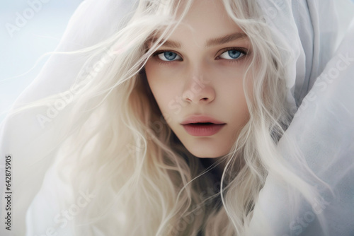 Blonde woman in winter fashion. She wears an organza cape, creating a fantasy and moody atmosphere. The image reflects a unique and artistic sense of elegance. © iconogenic