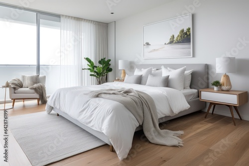 Clean white minimal modern bedroom interior background.