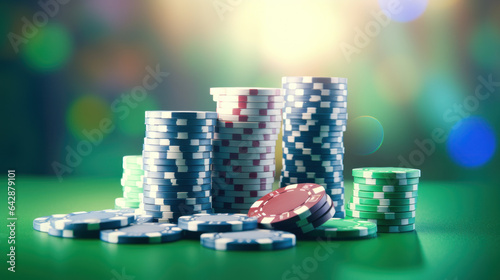 Poker Chips on a casino green table with dramatic lighting