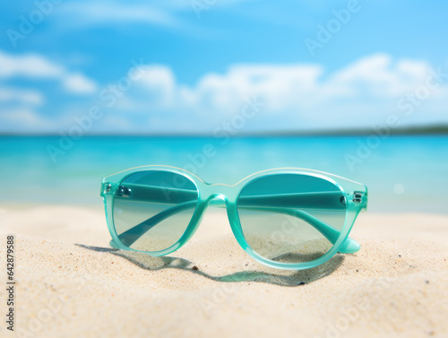 blue glasses on the sand on a beach background with copy space