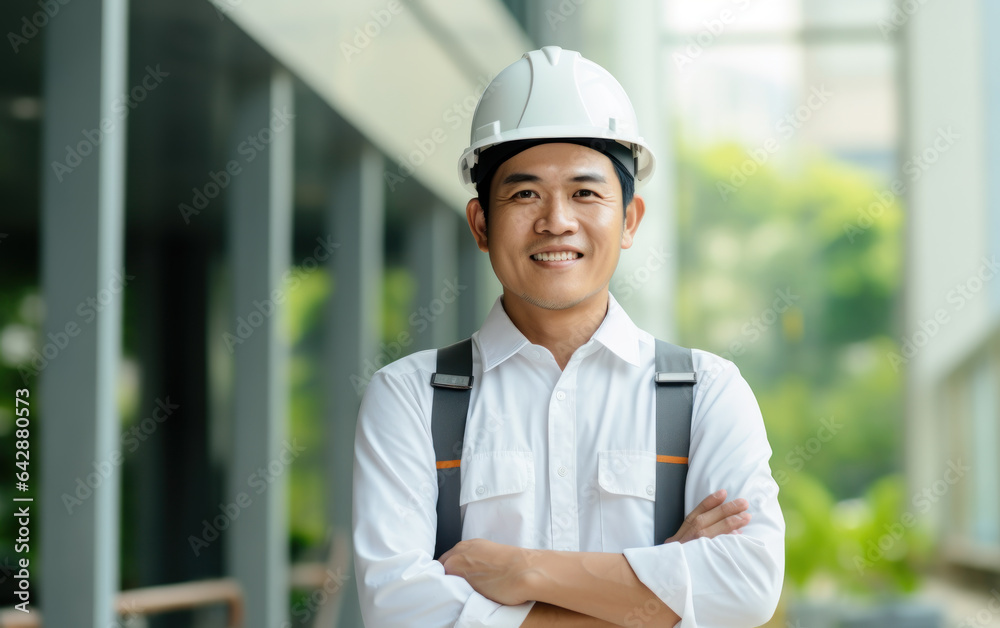 Worker asian man with crossed arm wearing orange protective vest helmet on construction background Worker asian man with crossed arm wearing orange protective vest helmet on construction background