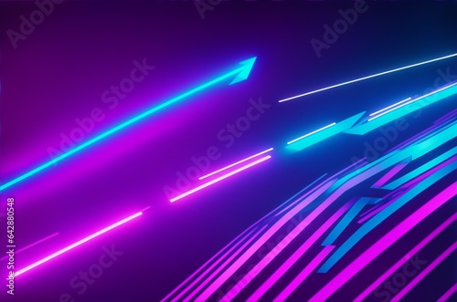 3d render, abstract neon arrow turns right. Speed and technology concept. Glowing pink blue lines and bokeh lights.