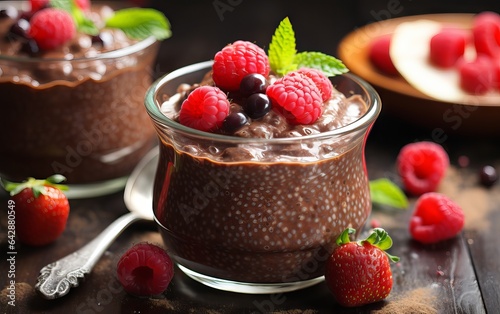 Chocolate chia pudding and raspberries on wooden table