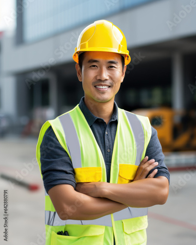 Worker asian man with crossed arm wearing orange protective vest helmet on construction background