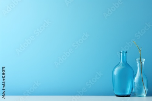 Blank copy space empty blue room background with small plant.