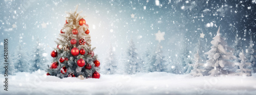 Beautiful Festive Christmas snowy background. Christmas tree decorated with red balls and knitted toys in forest in snowdrifts in snowfall outdoors, banner format, copy space