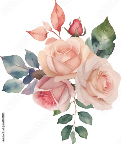 Floral rose leaves arrangement frame illustration wedding invitation. Isolated on white background. greeting card, wall art, Pink bouquet roses, Blush flowers