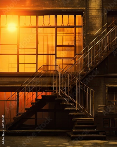 an old building with stairs leading up to the second floor and windows lit by the setting sun in the background