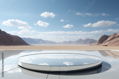 A round mirror sitting on top of a tiled floor. Digital image.