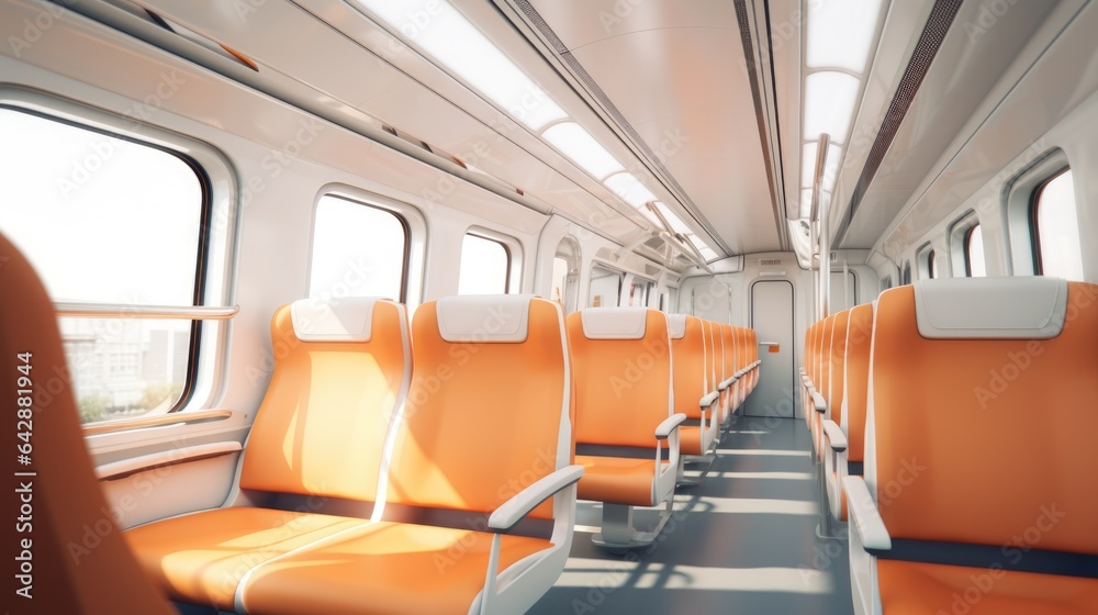 A row of orange seats on a train. Digital image.