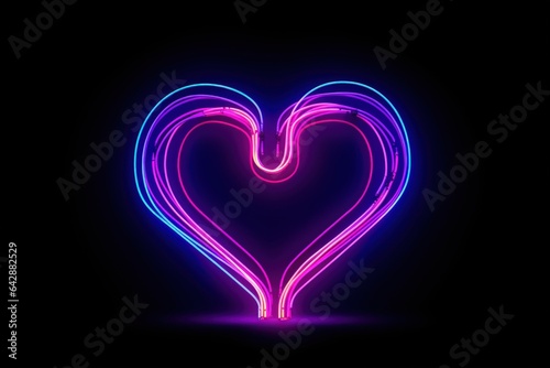 Heart shape neon luminance light on black wall black drop background.