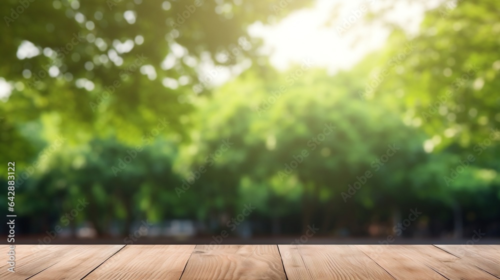 Empty wooden table for product display. Blurred green nature park background Empty wooden table for product display. Blurred green nature park background