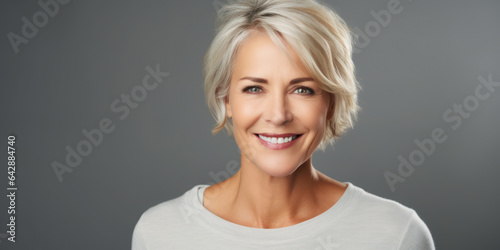 smiling confident and healthy middle age woman with short blonde hair on gray background with copy space