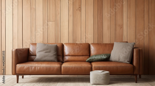 Leather Sofa and Decor on Wooden Background. Generative AI.