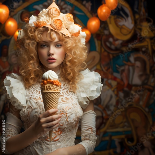 Woman eating an ice cream cone, the girl wears an elegant light cream dress, blonde model wears fashion hat, colored background