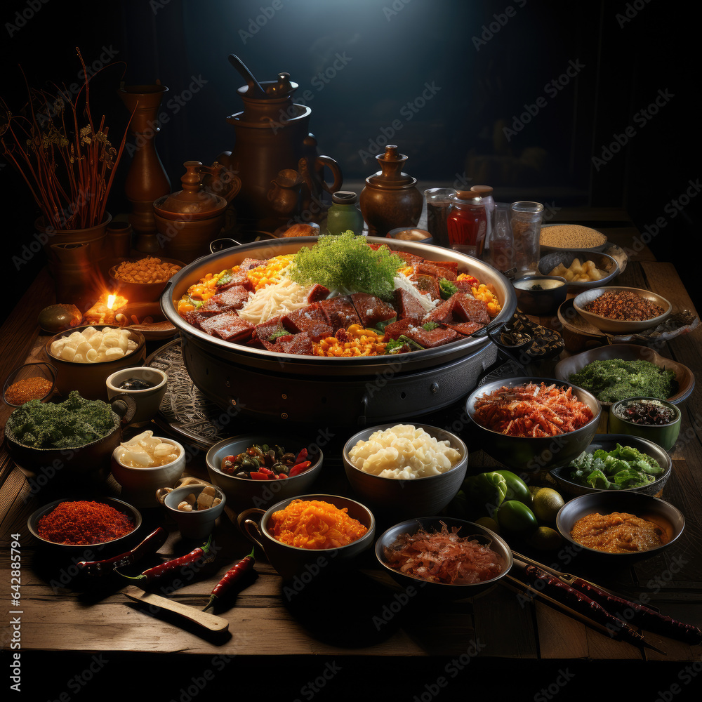 Fototapeta premium a black bowl with several bowls filled with food, ai generated.