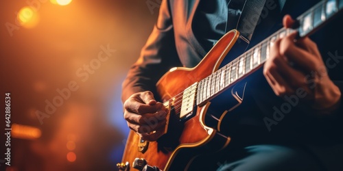 A rocker is playing guitar on stage. Guitar player - hands and guitar close-up.