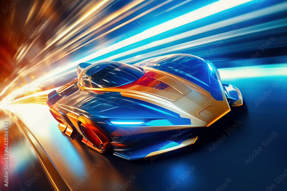 Obraz premium Racing car on the road. Super car is racing at high speed. Fast moving car. Motion blur lights trail