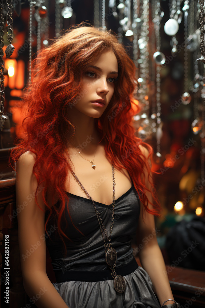 Fototapeta premium Sad soulful, long strawberry red messy hair vintage beauty, Taiwanese girl, ai generated.