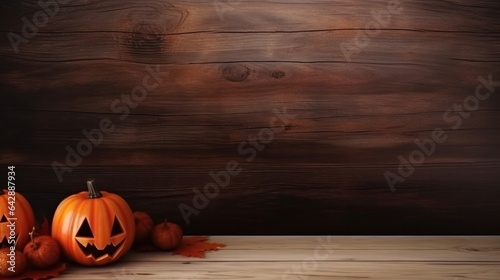 Halloween party decorations on dark wooden rustic table.