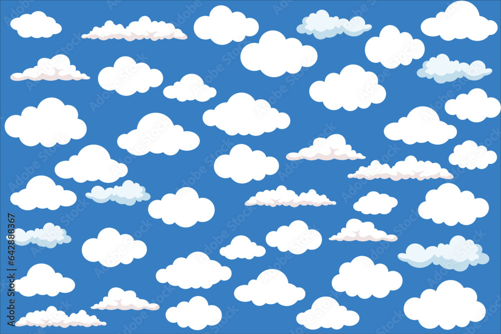 Blue sky, white clouds, vector illustration. Cartoon style, solid blue background, different shapes and sizes.