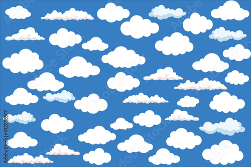 Fototapeta Naklejka Na Ścianę i Meble -  Blue sky, white clouds, vector illustration. Cartoon style, solid blue background, different shapes and sizes.