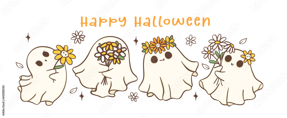 Group of cute Halloween ghosts with daisy flower, kawaii Retro floral spooky banner,Happy halloween, cartoon doodle outline drawing illustration idea for greeting card, t shirt design and crafts. Group of cute Halloween ghosts with daisy flower, kawaii Retro floral spooky banner,Happy halloween, cartoon doodle outline drawing illustration idea for greeting card, t shirt design and crafts.