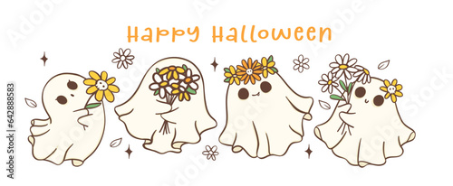 Group of cute Halloween ghosts with daisy flower, kawaii Retro floral spooky banner,Happy halloween, cartoon doodle outline drawing illustration idea for greeting card, t shirt design and crafts.