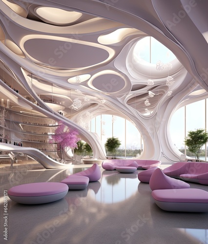 a modern living room with pink couches and white ceilinged ceilings that look like swirls in the air