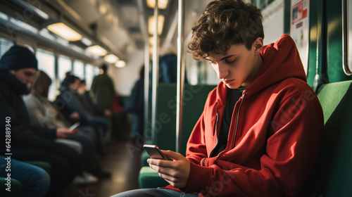 high speed train, Social Media Connect: A close-up of a teenager passenger texting on their smartphone