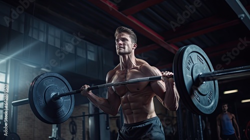 Model executing a powerful weightlifting move, muscles tense and focused, in a high-end gym setting