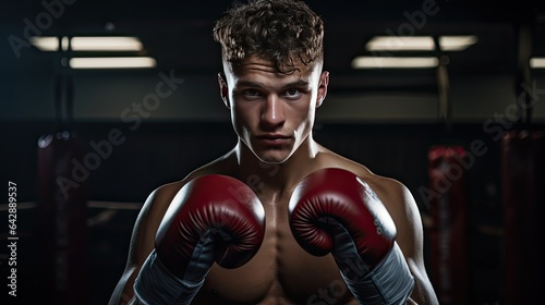 Model in a boxing stance, gloves up, beads of sweat visible, in a dimly lit boxing ring © Filip
