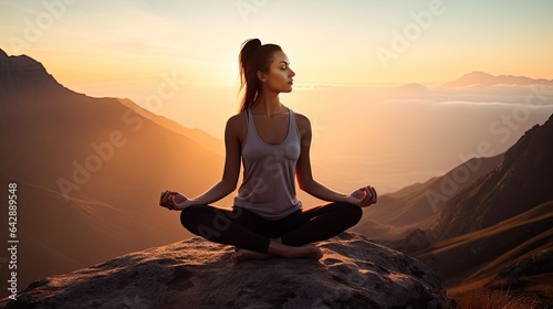 Model meditating in a yoga pose on a mountain peak during sunrise