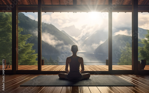 silhouette of woman yoga practice in wooden studio with beautiful nature mountains landscape view in background