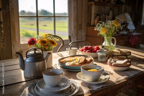 Breakfast in rustic style on the wooden table in country house