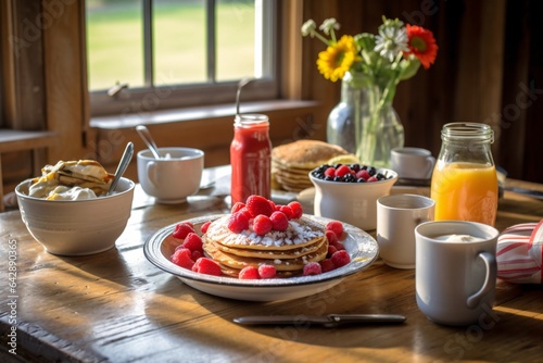 Breakfast with pancakes  berries and juice in a rustic style