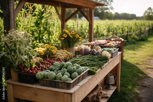 Fresh organic vegetables in a wooden box on the background of the garden