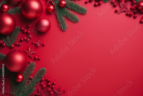 Christmas composition. Christmas red decorations  fir tree branches on red background. Flat lay  top view  copy space. generative ai.