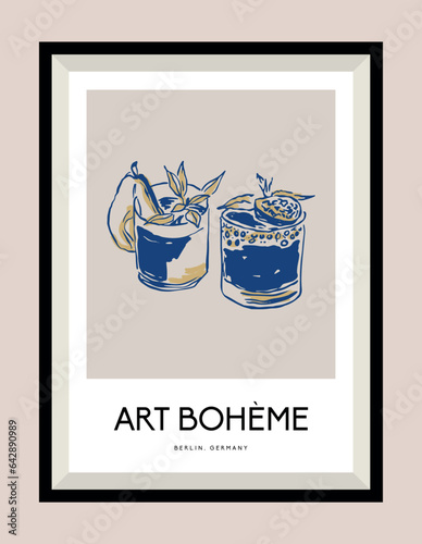 Cocktail hand drawn illustration in a poster frame for wall art gallery