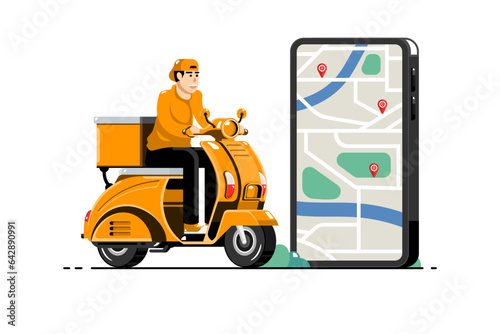 Cartoon man driving scooter delivery service with application navigator on smartphone, Vector illustration.