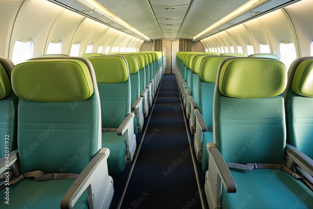 Empty airplane cabin: a row of green and blue seats on the plane.