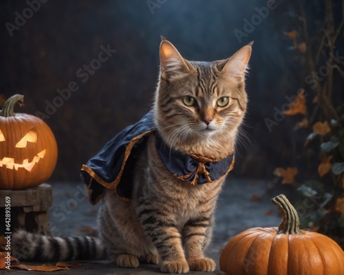 A cute cat wearing a wizard costume is sitting in the hallowing photo set in warm autumn colors with a glowing pumpkin.