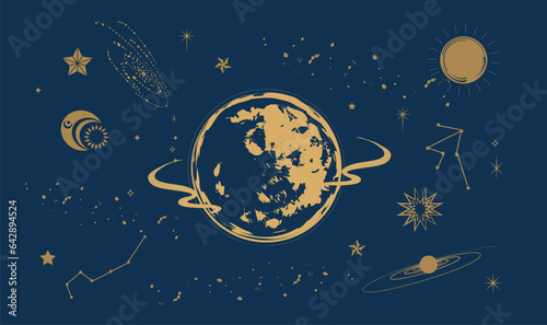 The device of the universe, crescent moon and sun with moon on a blue background. Graphic pattern for astrology, esoteric, tarot, mystic and magic.