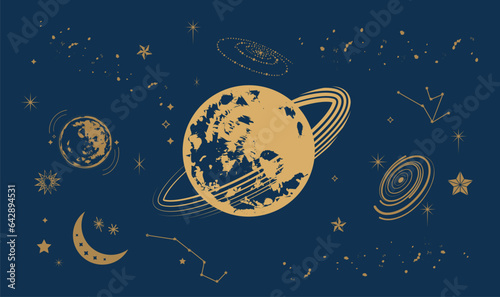 The device of the universe, crescent moon and sun with moon on a blue background. Graphic pattern for astrology, esoteric, tarot, mystic and magic.