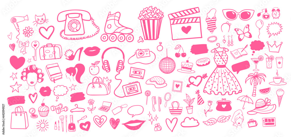 Vector illustration set of beauty and fashion isolated pink doodles and sketches Vector illustration set of beauty and fashion isolated pink doodles and sketches