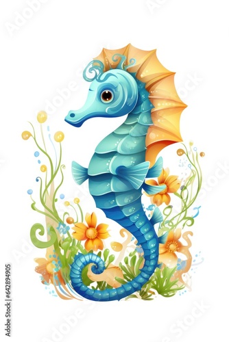 A blue seahorse sitting in the middle of a field of flowers. Digital image. © Friedbert