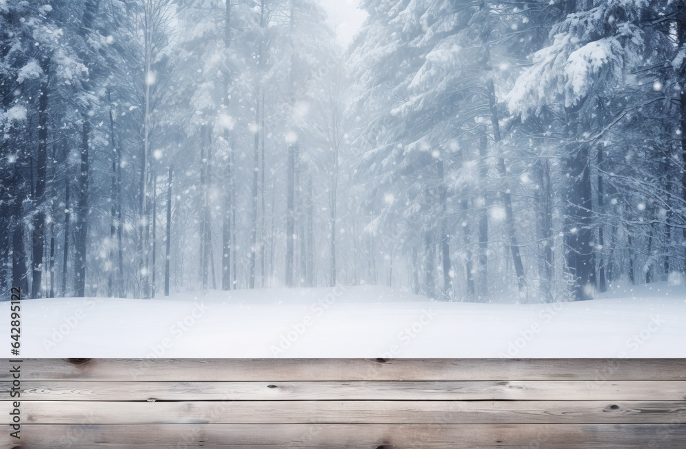 Fototapeta premium Winter Christmas scenic landscape with copy space. Wooden flooring, white trees in forest covered with snow, snowdrifts and snowfall against blue sky in sunny day on nature outdoors, blue tones